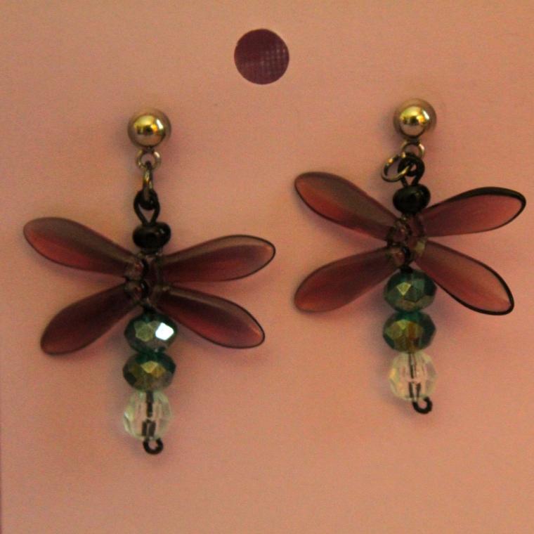 Purple And Teal Dragonfly Earrings Made From Glass